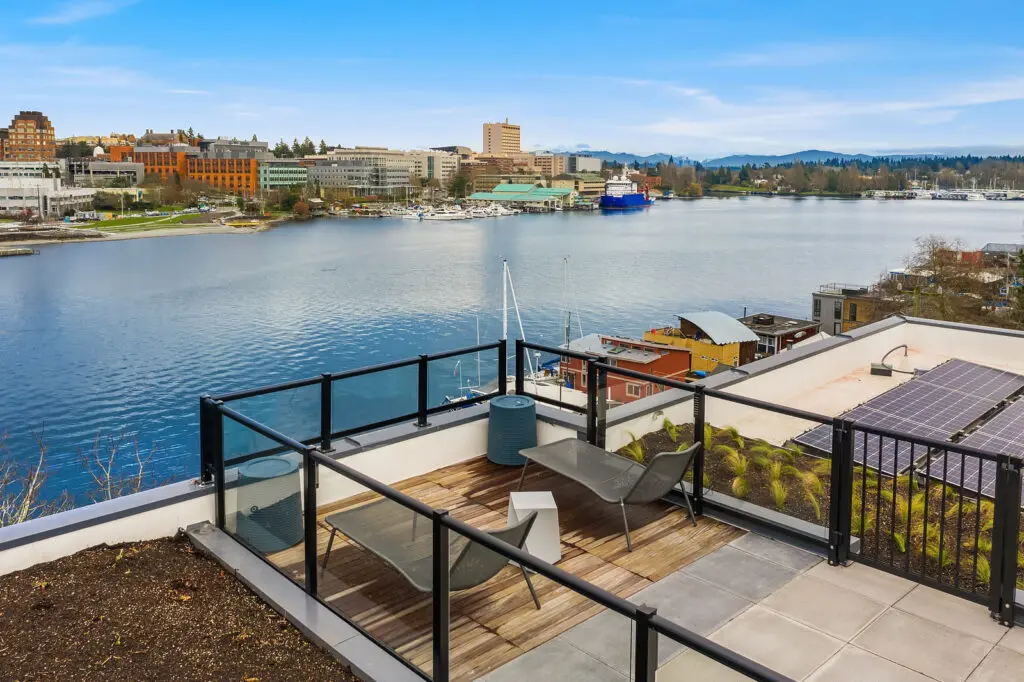 View from Robin’s Nest Apartments in Seattle, WA, showcasing a balcony overlooking Lake Union.